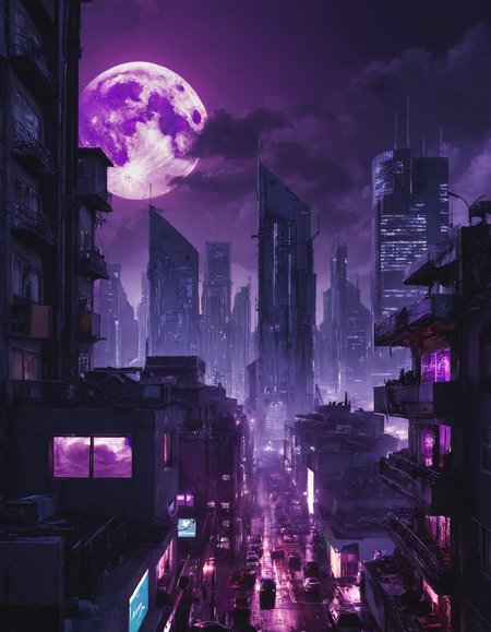 <lora:r0k00g00th:1>,r0k00g00th,r0kur3&l1tyHD. cyberpunk art,, a city with a lot of buildings and a purple moon in the sky above it is a cityscape with a lot of buildings and a lot of lights [2], prompt . ,weather, (extreme weather, Heatwaves:1.5) (prolonged extreme heat),
