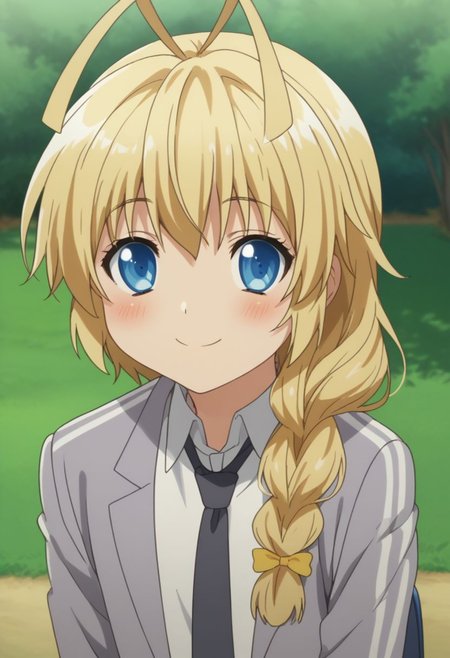 score_9, score_8_up, source_anime, highly detailed, 1boy, solo, male_focus, cute,
hasuta, 1boy, braid, male focus, blonde hair, blush, blue eyes, antenna hair, otoko no ko, smile, solo, single braid, long hair, necktie, white shirt, school uniform, black pants,
outdoor,