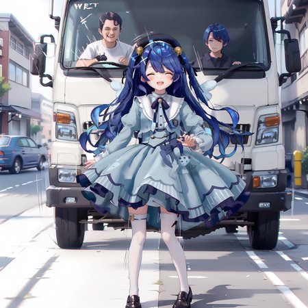 score_7_up, score_6_up, score_5_up, source_anime,
<lora:amamya.pony.v2:1>, amamya, blue hair, long hair, two side up, hair bell, aaa, black beret, blue dress, frilled dress, white thighhighs, black loafers,
<lora:IsekaiTruckPony:0.8>, isekai truck, driver, street, front collision, truck about to hit person, motion lines, emphasis lines, happy,