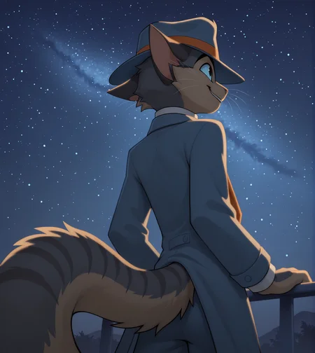 solo, anthro, furry, dark eyes, smile, blue coat, blue pants, white shirt, collared shirt, orange tie, blue headwear, night, starry sky, from behind, looking up, low-angle view, shining, light particles, carticles, rear view, dynamic angle
BREAK masterpiece, best quality, amazing quality, very aesthetic, high resolution, ultra-detailed, absurd res, newest,     <lora:rockyld:1> rocky rickaby