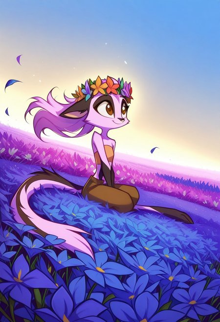 Dreamkeepers,1girl,Prelude_Vi,solo,furry,tail,source_furry,hazel eyes,
child,
hippie , pant , flowerchild girl , flower crown ,Hair Wreath , long hair , strapless cropped top , flower ,colorful , vibrant , sitting , barefoot , flower field , blue sky , flowing hair , cheerful , wind , flower petal ,
masterpiece, best quality ,amazing quality ,S4bit4mago_illu , xxx667_illu ,Protoneon  , ma1ma1helmes_b_illu,