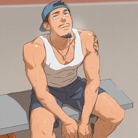 <lora:Illustrious\Style\eona_v1-06>sketch, hand drawn, masterpiece, bara, gay, yaoi, male focus,  1male, solo, 20yo, lean, tank top, shorts, backwards cap, sitting on concrete bench, looking up, sweaty, basketball court, earrings, necklace, tattoos, hairy legs, hairy arms, black hair, blue eyes, goatee, moustache, outdoors