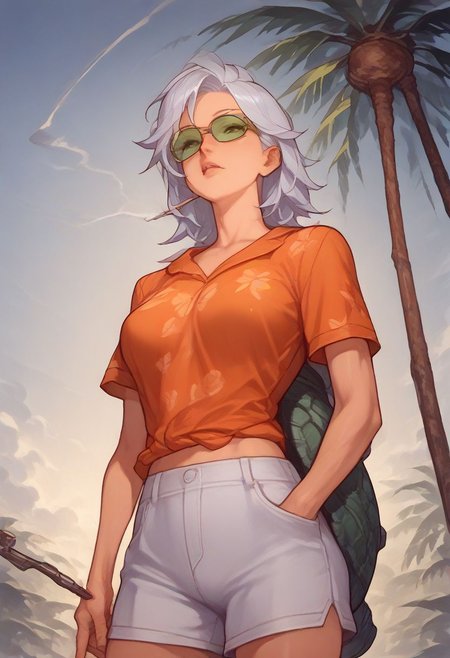 score_9, score_8_up, score_7_up, ((solo)), 1girl, pinup girl pose, a woman stands on the beach at sunset, smoking a kiseru, long white hair, sidelocks, orange hawaiian shirt, triangle alphabet shirt pattern, white shorts, green sunglasses, ((turtle shell)), background sunset beach palm  tree, background Clouds, holding kiseru pose, kiseru-smoke, looking at viewer,
 score_9,score_8_up,score_7_up,very aesthetic ,(masterpiece:1.4), (best quality), (colorful), (detailed) dramatic angle, unique perspective, unique angle, comic book angle and perspective, wide angle, Expressiveh