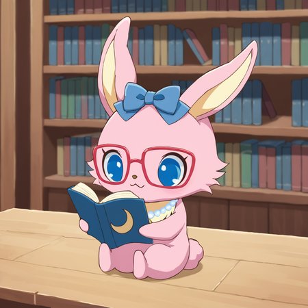score_9, score_8_up, score_7_up, source_furry, solo, jpluna, female, chibi, feral, rabbit, pink fur, yellow inner ears, red glasses, blue ribbon on head, yellow chest fur, white pearl necklace, blue crescent gem, blue eyes, looking down, smile, (reading book), sitting, sprea legs,  detailed background, library, <lora:Luna_wearing_glassesjewelpet:1>