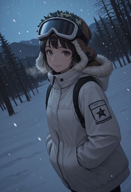 masterpiece,best quality,absurdres,highres,very aesthetic,high quality,detailed,insanely detailed,beautiful,perfect lighting, looking at viewer, looking at viewer, smile,
  <lora:Uiharu Kazari:1> 1girl, short hair, black hair, brown eyes, head wreath, long sleeves, fur-trimmed hood, fur trim, ski goggles, goggles on head, jacket, ski gear, hood up, outdoors, winter, breath, (snowing), hands in pockets, gloves, night, night sky, nature, dutch angle, looking at viewer, mountain, scenery, forest, closed mouth, light smile