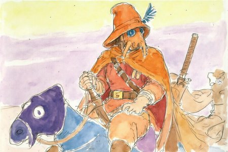 hayaomiyazaki2 illustration. 
 A man in a vibrant orange cloak and a hat with goggles and a gas mask is riding a horse. He is holding a sword and appears to be in motion. The horse is adorned with a blue and purple saddle. The background features a soft gradient of light yellow and purple. <lora:hayaomiyazaki2_cap_d8a4:1.0><lora:861025734913692337:0>