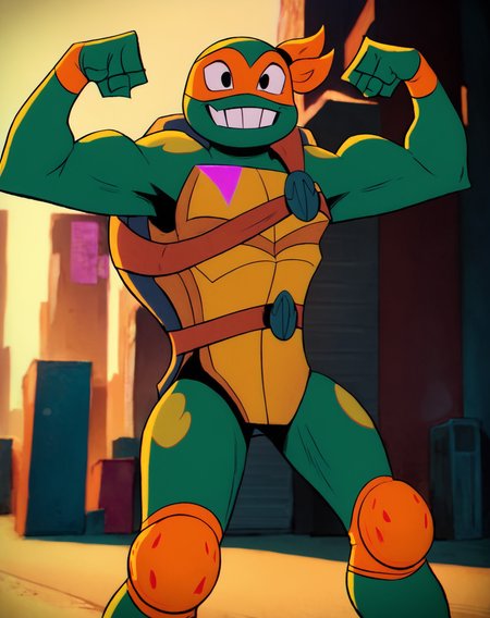 score_9, score_8_up, score_7_up, smooth lines, countershading, soft shading, 2d, extreme detail, 4K, high definition, high resolution,  <lora:rottmnt8:0.8>, 1boy, solo, Mikey, green skin, turtle, mask, belt, legwear, knee pads, standing, grin, flexing, Outdoors,