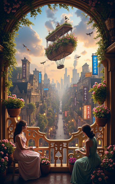 an ornate floating airship garden where Victorian ladies in pastel dresses sip tea surrounded by potted flowers and hovering brass dragonflies,view opens up to reveal an immense gear-filled city below,steam rising between rooftops,glowing signs and rotating cogs creating rhythmic shadows,vibrant lighting with backlit clouds,vivid storybook style,
<lora:aidmaMJ6.1v0.4:0.6>,aidmaMJ6.1,<lora:detailifier_sd3.5:0.8>,detailifier,