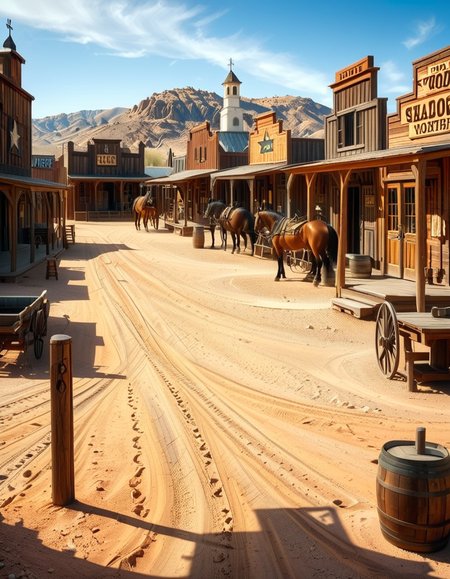 A classic Wild West town in the late 1800s, surrounded by arid desert and towering rock formations. The dusty main street is lined with wooden buildings, including a saloon with swinging doors, a sheriffâs office with a star emblem, a general store with a wooden sign, and a blacksmithâs shop with tools hanging outside. Old-fashioned wooden wagons are parked along the street, and a few horses are tied to hitching posts. The atmosphere is lively, with cowboys wearing wide-brimmed hats, boots, and leather dusters walking around, some talking near the saloon while others ride horses. The sky is bright blue with a few wispy clouds, and the sunlight casts long shadows on the ground. In the background, a water tower stands tall, and a windmill slowly turns in the breeze. The scene is full of rustic details, evoking the adventurous spirit of the American frontier.<lora:SDXLFaeTastic2400:0.4> <lora:extremely_detailed:0.4> extremely detailed, <lora:Western_v1ll4g3:1>,Western v1ll4g3, Masterpiece,best quality,hi res,8k,hi res,8k,award winning,(sharp focus, intricate, highly detailed),