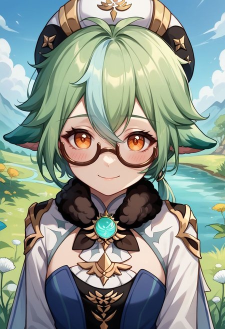 score_9, score_8_up, score_7_up, source_anime, 1girl, sucrosedef, orange eyes, green hair, multicolored hair, hair between eyes, long hair, ponytail, animal ears, glasses, semi-rimless eyewear, hat, beret, fur collar, vision (genshin impact), blue dress, gold trim, cape, long sleeves, white gloves, garter straps, black thighhighs, knee boots, white footwear, wariza, kneeling, closed mouth, smile, blush, looking at viewer, outdoors, grass, lake, wind, dandelion, portrait, close-up, upper body, facing viewer, <lora:Sucrose_v1-000010:1>