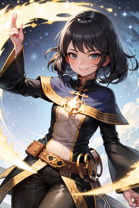 illustration, 1girl, black hair, fantasy, wizard, (floating,:1.3)  night sky, (wide shot:1.2) ,(smirk,:1.3), magic, <lora:ironcatlora3Anime_v10:1>