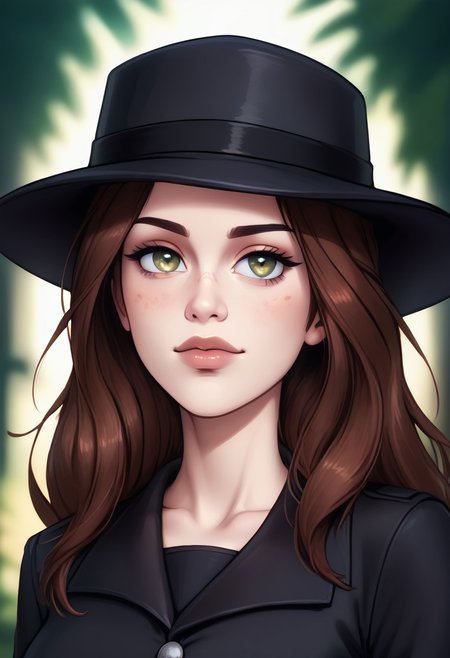 score_9, score_8_up, score_7_up, score_6_up, PRSNL_3_1, uncensored, pupils black dots, lips,
upper body, best quality, masterpiece, 4k, realistic, warm light,
LeafPony, leaf (pokemon), long hair, brown hair, brown eyes,
black headwear, hat flower, black gloves, black dress, buttons, black pantyhose, black footwear, high heels, sparkle,