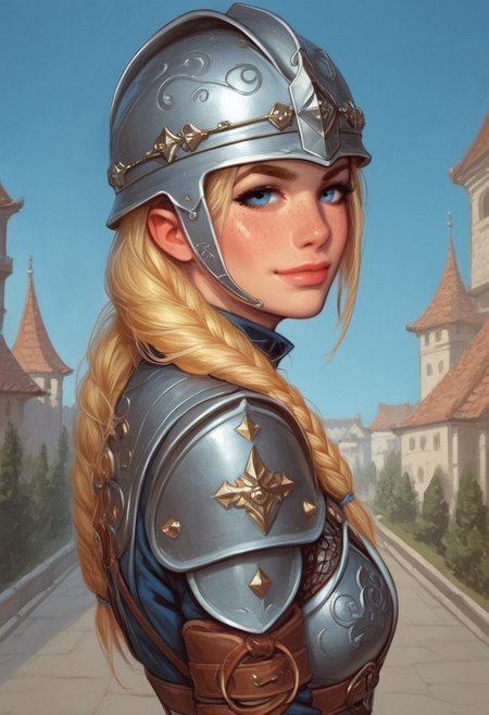 1girl, (((side view))), illustration, looking at viewer, highly detailed, source_comic_illustration, from front, 1girl, illustration, comic style, looking at viewer, highly detailed, source_comic_illustration, skinny, looking at viewer, 1girl, masterpiece, best quality, <lora:Evie_Frye_pxl:1> score_9, score_8_up, score_7_up, score_6_up, score_5_up, score_4_up, source_photo, source_real, 1girl, solo, long hair, breasts, ((gatekeeper clothes)), looking at viewer, blonde_hair, ((((medieval helmet)))), cleavage, closed mouth, blue eyes, guards armor, eyelashes, ((leather armor)), freckles, realistic, nose, (((dynamic pose, dynamic angle)))
BREAK 
sad smile, looking at viewer, 
BREAK 
best quality, depth of field, bokeh, (((full clothed)))  (best quality, high detail), ((masterpiece)), ((((holdind big sword in hands)))), <lora:1_ino_20e:1>
BREAK 
((((blue sky, city)))) score_9, score_8_up, score_7_up, score_6_up, source_cartoon, rating_explicit, Expressiveh, (((((upper body))))), dynamic pose