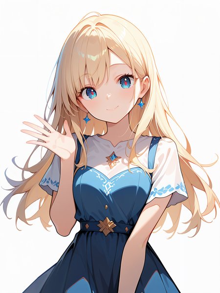 masterpiece, best quality, newest, absurdres, highres, safe,cute face,clean skin ,shiny hair,ultra detailed eyes,eyelashes,cute girl,blonde hair,long hair,dress,blue eyes,red pupils,simple background,smile,skirt,standing,cowboy short ,(Goodbye,wave hand:1.4)