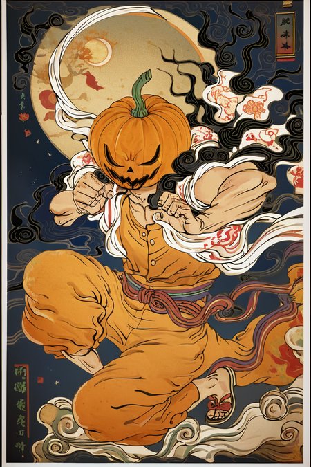 score_9, score_8_up, score_7_up, score_6_up, score_5_up, score_4_up, <lora:traditional_Japanese_art:1>,  traditional japanese art, fighting stance, masterpiece, highres, <lora:Jack-O'-Lantern_V1:0.8>,  alone, solo, jackolantern, pumpkin head, night, moon,
