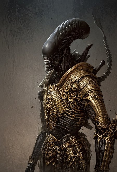score_9, score_8_up, score_7_up, score_6_up, score_5_up, score_4_up,<lora:Fant5yP0ny:0.8>, xenomorphic creature from Lords of the Fallen, black templar armor, gold sword of Pieta, solo, gold eyes, blood on face, art by hr giger, ornamental armor