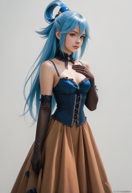 score_9, score_8_up, score_7_up, score_6_up,1girl, face ((cowboy shot)), aqua from konosuba, (blue hair), blue ponytail, long hair, hair ornament, black hat, corset, victorian dress, elegant dress, brown dress, high heels, black long gloves, blue eyes, short dress, upper body,