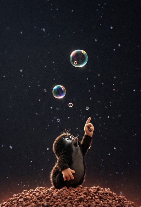Mil3r, Dark Photo of little fluffy Mole in space Shop in Planet Mars, atmospheric haze, Environment, neon-pastel bubbles in the Air, 
Photorealistic, Hyperrealistic, Hyper detailed, analog style, realistic, masterpiece, best quality, ultra realistic, 8k, Intricate, High Detail, film photography, soft lighting, heavy shadow,