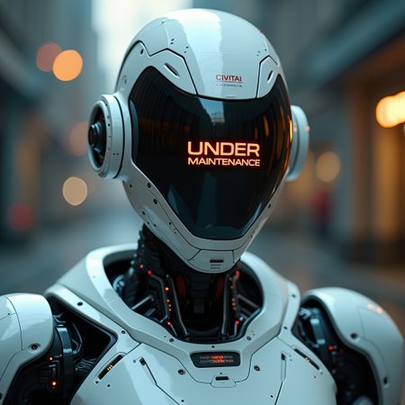 futuristic sc-fi photograph of a robot labeled "CIVITAI" with a large visor that has an error text that reads "UNDER Maintenance"