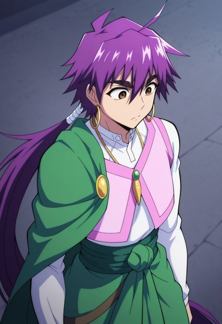 masterpiece,best quality,amazing quality, source_anime, 
Shindobaddo, 1boy, male focus, solo, brown eyes, purple hair, long hair, ponytail, hoop earrings, jewelry, necklace under clothes, shirt, white shirt, long sleeves, vest, pink vest, shoulder cape, green cape, sash, green sash,