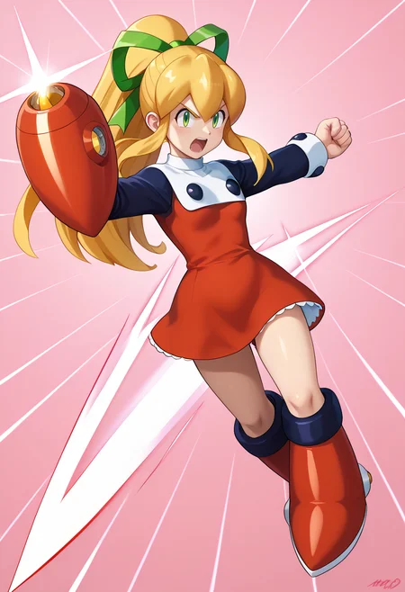 newest, masterpiece, best quality, 4k,
pink background, very aesthetic, detailed background, full body,
1girl, solo,   r0ll, roll (mega man),long hair, blonde hair, hair ribbon, ponytail, sidelocks, green eyes, red dress, knee boots, long sleeves, arm cannon, v eyebrows, shouting,weapon, shooting weapon,fighting stance, <lora:RollPony:1>