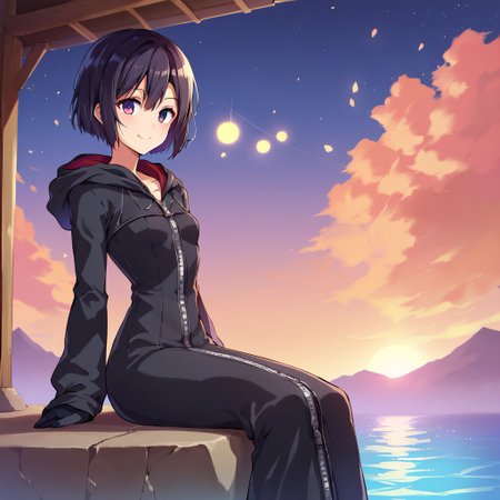 score_9, score_8_up, 1girl, xion, solo, outdoors, on a lake, flat chest, small breasts, sitting, floating lanterns in the sky, xion watching the floating lanterns, night, short hair, black hair, black coat, wide hips, narrow waist, closed coat, zipper, black pants, black gloves <lora:XionSDXL:1> <lora:BlushySDXL:1>, takeda hiromitsu style, side view, smiling, floating lanterns in the air