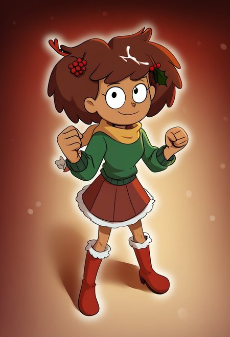 deadinsidestyle, channeboonchuy, , from above, , furry boots, plate skirt, , green jumper, , yellow scarf , christmas , candycane in hair, mistletoe in hair , solo