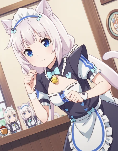 score_9, score_8_up, score_7_up, source_anime,
nekoparavanilla, <lora:nekopara-vanilla-s1-ponyxl-lora-nochekaiser:1>,
vanilla, long hair, bangs, blue eyes, animal ears, twintails, very long hair, white hair, cat ears, blunt bangs, animal ear fluff, low twintails, cat girl,
dress, bow, tail, short sleeves, frills, bowtie, apron, cat tail, maid, maid headdress, bell, cat girl, waist apron, jingle bell, neck bell, waitress,
indoors, cafe, bent over, smile,
looking at viewer, solo, cowboy shot, dutch angle,