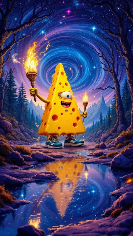 pinkfluxproultrafantasia,
Create a DSLR Fuji film Kodak photograph of a surreal, hallucinogenic scene where a melting, anthropomorphic cheese triangle with a single, swirling eye stands in a forest of pulsating, bioluminescent trees. The creature holds a torch with flames that twist unnaturally, while its oversized sneakers splash in a reflective, liquid ground. The sky above is a swirling vortex of deep blues and purples, with streaking stars that stretch the boundaries of time and reality