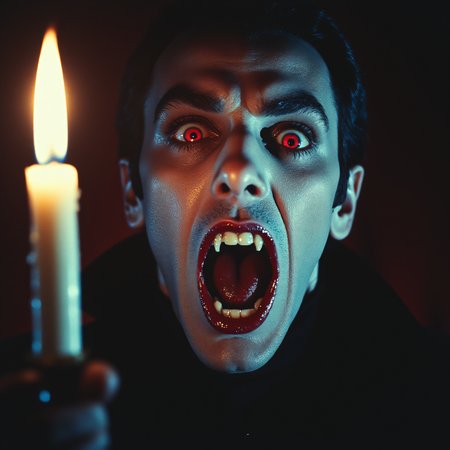 ArsMovieStill, movie still from a 1970s horror movie, The image is a close-up portrait of a vampire's face. The vampire has dark hair and red eyes and his mouth is open wide revealing sharp teeth. His teeth are covered in blood and he is holding a lit candle in his right hand. The background is dark making the vampire's features stand out. The overall mood of the image is eerie and menacing., candle, red eyes, 1boy, black hair, solo, male focus, teeth, realistic, open mouth, fire