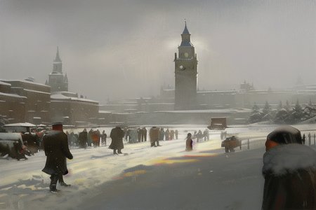 a painting of people walking in the snow in front of a building with a clock tower in the background