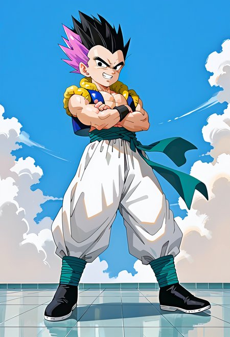 (score_9:0.9),score_8_up,score_7_up,rating_safe,unaestheticXL_3x3,anime style,(zPDXL), <lora:checkpoint-e62_s930:1>, 1boy, gotenks, multicolored hair, black hair, purple hair, black eyes, male focus, muscle body, muscular male, muscular, v-shaped eyebrows, v-shaped eyes, spiked hair, no bangs,  cropped vest, open vest, metamoran vest, midriff,  black bracer, green sash, white pants, baggy pants, green gaiter, black shoes, crossed arms, grin, standing, full body, sky, tile floor, from below,