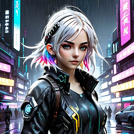 ink splashing,semi realistic, 2d game scene,oil and watercolor painting,
 <lora:fantasy_world:1>ï¼
(((masterpiece))),(((best quality))),((ultra-detailed),(dynamic angle),(((night,heavy rain,bloom))),
((floating)),(paint),((disheveled hair)),
(solo), ((child,very young,little girl,cute,little girl face)), ((small_breasts)), (((detailed anima face))),((beautiful detailed face)),collar,upper body,
white hair, ((colorful hair)),((streaked hair)),
beautiful detailed eyes,
((cyberpunk)),cyberpunk city,broken city,neon light,mechanical arm