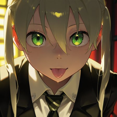 masterpiece, best quality, amazing quality, very aesthetic, absurdres,  newest, volumetric lighting,
souleaterstyle,,maka,
1girl,solo,looking at viewer,bangs,blonde hair,shirt,hair between eyes,twintails,green eyes,jacket,necktie,tongue,collared shirt,tongue out,,portrait,:p,style ,anime coloring
,masterpiece, best quality, amazing quality, very aesthetic, absurdres,  newest, volumetric lighting,
, <lora:soul_eater_illustrious:0.8>,