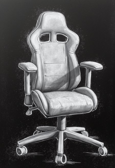 A rough chalk drawing of a white gaming chair on a black surface, created with bold, uneven white strokes. The chair’s design is sketched with a raw, expressive style, featuring exaggerated contours and asymmetrical details. Smudges and dust from the chalk add texture, giving the artwork a gritty, dynamic feel. The shading is coarse and irregular, emphasizing a spontaneous and unfinished aesthetic.