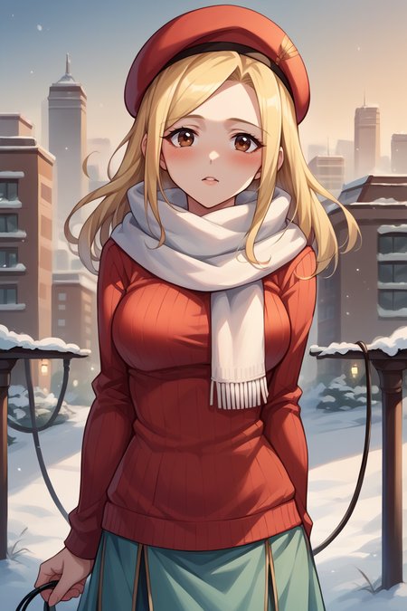 score_9, score_8_up, score_7_up, score_6_up, source_anime BREAK 1girl, solo <lora:ophilia-pdxl-nvwls-v1-000005:1> ophilia, blonde hair, long hair, brown eyes, beret, red sweater, cable-knit sweater, long skirt, city, winter, white scarf, looking at you, blush