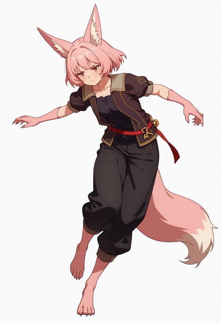 Smooth Quality,masterpiece,very intricate, high quality details, ultra realistic, high detailed skin,detailed enviorement,absurdres,
simple background, white background, dancing, solo,front view,
 <lora:Til_CNR:0.8> til_cnr, 1girl,pink hair, short hair, bangs, red eyes, animal ears, fox ears, animal ear fluff, fox tail, furry female, animal hands, claws, black shirt,open jacket,puffy short sleeves,black pants, belt,barefoot,, frown,, x3,