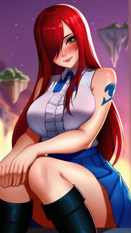masterpiece, best quality, very aesthetic, absurdres, BREAK, 1girl, looking at viewer, cowboy shot, 
<lora:ErzaDef_Illu_Dwnsty:0.8>, brown eyes, red hair, long hair, hair over one eye, white shirt, sleeveless shirt, center frills, arm tattoo, blue skirt, pleated skirt, black footwear, knee boots, 
large breasts, lips, light smile, blush, head tilt, wariza, on ground, hands on own knees, 
floating island, specular lighting,