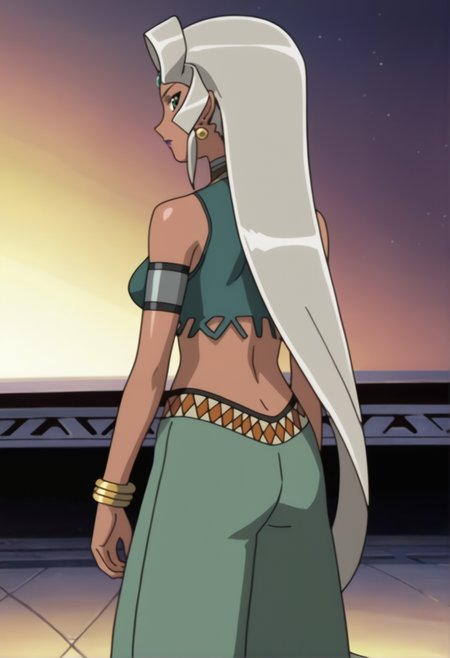 score_9_up, scorce_anime, 1girl, from behind. facing away. looking over shouler. calessa, long hair, very long hair. dark skin, jewelry, dark-skinned female, grey hair, breasts, earrings, makeup, lipstick, forehead jewel, midriff, crop top, bare shoulders, bracelet, navel, green eyes, armlet, looking at viewer, very long hair, standing, baggy pants,