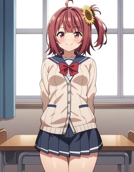 score_9, score_8_up, score_7_up, source_anime, uncensored, <lora:StS_detail_slider_v1:3>, zPDXLxxx, <lora:Aoi_Hinata_PONYXL_VexVexX:1>, AoiHinata, 1girl, red eyes, red hair, short hair, one side up, ahoge, hair ornament, hair flower, sunflower hair ornament, small breasts, school uniform, serafuku, pleated skirt, cardigan, red bow, cowboy shot, bedroom, from front, standing, hands behind back, looking at view, thighs, smile