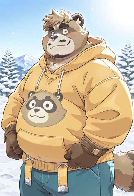 (safe for work, no naughty stuff, rating_safe), solo, masterpiece, best quality, newest, absurdres, highres, high quality, highly detailed, furry male, raccoon dog, mature male, ((highly detailed eyes, perfect eyes)), ((4 fingers)), perfect hands
Pong, Crave Saga, golden eyes, thick eyebrows, short hair, brown fur, two tone fur, sweater, trunks, baggy garments, snow background, soft lighting, chubby, beard