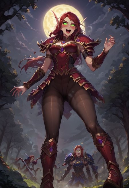 score_9, score_8_up, score_7_up, source anime, anime screencap, masterpiece, expressive eyes, perfect face, cinematic lighting, volumetric lighting, Expressiveh, blood elf from warcraft, red hair , green eyes, warcraft armor, blood elf armor, red armor boots with high heels, oiled skin, voluptuous, toned, dark theme, low light, solo,  musk, breath, steam, sweaty, sweating, ((blush)), small breasts,  smile,  dynamic pose, seductive pose, full-length photo,full-length portrait, smile,smug smile, boots over knees, pantyhose,
outdoors, moon and stars, forest, crotch kick, ballbusting,  shocked, pain, open mouth ,crotch kick, ,ballbusting,  ,<lora:crotch_kick:1.8>,  a leg kicking from below, foot kicking