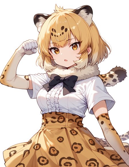 1girl, solo,
jaguar (kemono friends), animal ears, jaguar ears, blonde hair, short hair, bangs, jaguar print, multicolored hair, tail, jaguar tail,  white shirt, frills, skirt, high-waist skirt, print skirt, fur collar, center frills, gloves, elbow gloves, print gloves, short sleeves, black bowtie, thighhighs, animal print,
arm up, hand up, raised fist, clenched hand, arm down, open mouth, expressionless,
<lora:Jaguar_r1:1>, score_9, score_8_up, score_7_up, score_6_up, score_5_up, source_anime,