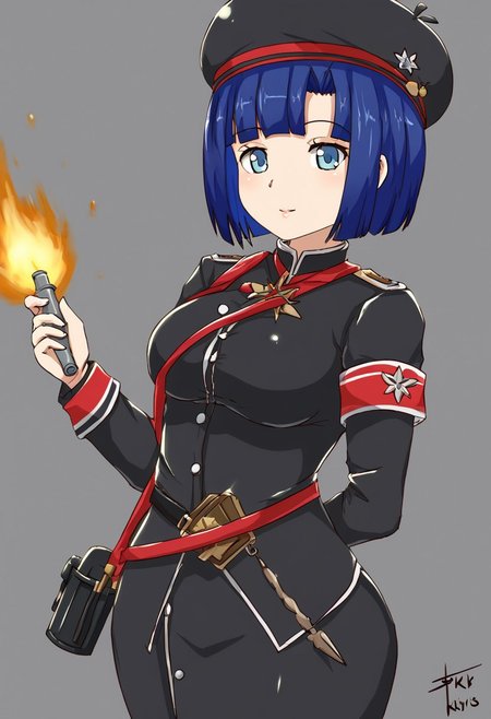 Sn0w_W1hite_MS holding a bomb.
Sn0w_W1hite_MS, military uniform, long sleeves, black clothes, blue hair