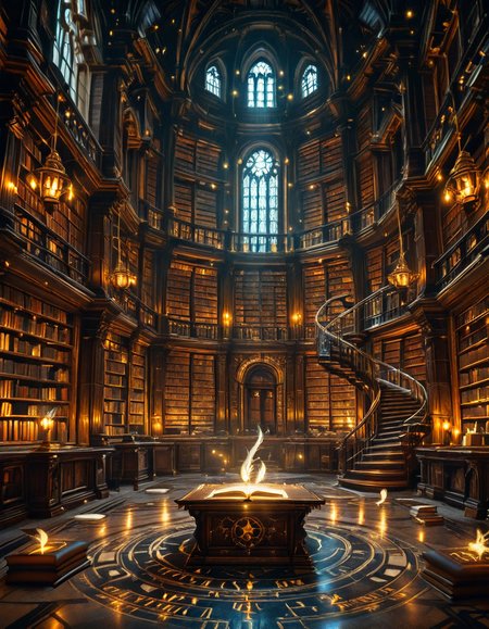 grand enchanted library filled with towering wooden bookshelves that stretch endlessly into the distance, packed with ancient, leather-bound books glowing with mystical runes. The atmosphere is illuminated by floating candles and ethereal blue and golden lights that hover in the air, casting a warm, magical glow. A spiral staircase made of dark oak winds upward, disappearing into the shadows of the high-vaulted ceiling adorned with intricate celestial carvings. Wisps of enchanted mist swirl around the floor, while some books levitate gently from shelf to shelf, as if guided by an unseen force. The air shimmers with dust particles suspended in soft, golden light filtering through stained glass windows, depicting mythical creatures and arcane symbols. The scene is rich in deep, warm tones of mahogany, gold, and sapphire, evoking a sense of wonder, mystery, and timeless knowledge. The image is highly detailed and photorealistic, capturing the textures of the aged books, the glow of magical elements, and the enchanting stillness of this mystical sanctuary of wisdom.
<lora:SDXLFaeTastic2400:0.4> <lora:extremely_detailed:0.4> extremely detailed,<lora:3nch4nt3d_l1br4ry-ill:1>,3nch4nt3d l1br4ry, Masterpiece,best quality,hi res,8k,hi res,8k,award winning,(sharp focus, intricate, highly detailed),