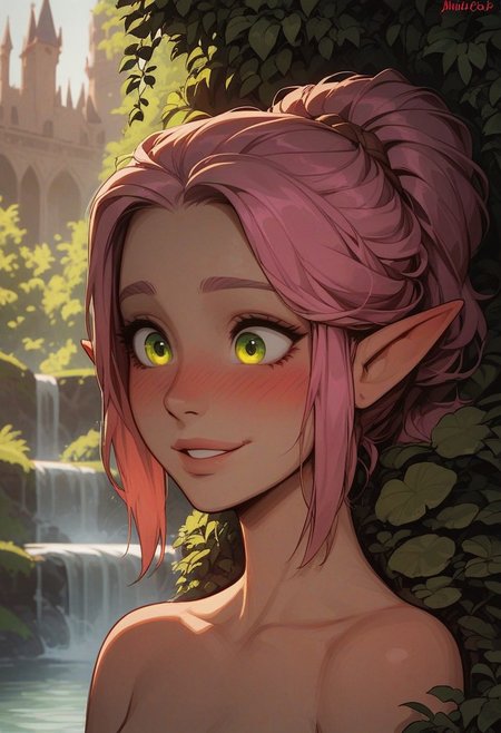 score_9, score_8_up, score_7_up, score_6_up, Expressiveh, 
very aesthetic, (elf, elf woman), cute, sexy, hot, blush, flushed, blushing, forests, greenery, godrays, bokeh:1.2, pink ponytail, pink hair, hair tendrils on either side of her face, sexy expression, seductive face, head tilted slightly down, small breasts, nude, shy, batting her eyelashes, perfect eyelashes, seduction, seductive eyes, creek, waterfall, smile, happy, (perfect eyes:1.3, wide eyes, detailed eyes, amazing eyes, green eyes, beautiful green eyes), (face focus, face), (intense dark red blush:1.5), (shy smile:1.4), arched back, white brick arch, Rivendell, she glows, glowing, castle built into the rock:1.4