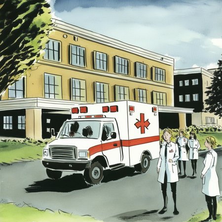 drawix12 an ambulance in front of the hospital, a group of nurses around<lora:drawix12:0.8>