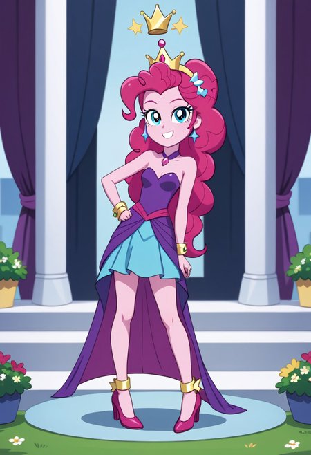 score_9, score_8_up, score_7_up, score_6_up, from My Little Pony Equestria Girls, a very young little human girl Pinkie_Pie wearing a fit blue|sky|green|brown|darkpurple|red|yellow gradients colors short princess dress, elegant detailed princess shoes, solo, 1girl, little princess girl, dark pink hair with crown hairband, smile, childhood, looking at viewer, glow detailed eyes, garden of canterlot, tul, chiffon, laces, semi realistic cartoon, unreal engine 5,  full body close-up, absurdres, digital art, soft light, perfect hands, perfect, hands, perfection, soft pink skin, skyblue eyes, party accesories and shoes, jewelry, tres chic,<lora:age_slider_v4:-4>,