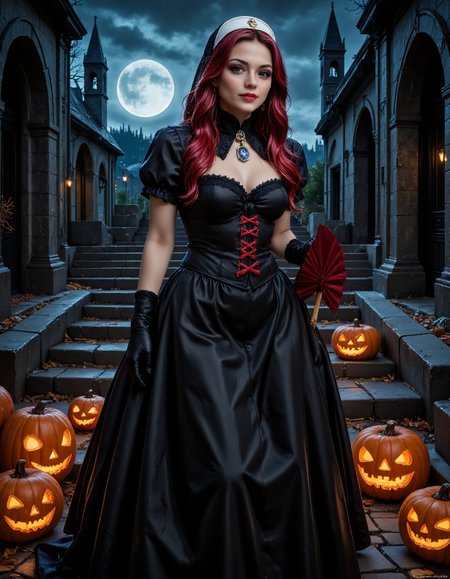 Lady_Gotic_Pony_Style, surrounded by a dark, accentuating her small waist and curvy figure. She wears black, prominent breasts and a slim waist, lace fan in one hand. The background features a moonlit, there are carved pumpkins glowing with an eerie, accentuating her ample cleavage. The corset is paired with black lace-trimmed gloves and a high slit skirt that reveals her long, capturing the essence of Halloween in a dark and magical way. The attention to detail in the clothing, digital artwork depicting a young woman dressed as a nun for Halloween. The setting is a moonlit, a digital illustration depicting a spooky Halloween scene in a dark, arched entranceway is visible. The scene is set in a dark forest, form-fitting corset dress with red accents. Her outfit includes a low-cut top, eerie light. The ground is made of uneven cobblestones, a highly detailed and realistic digital artwork depicting a voluptuous woman dressed in a Gothic Halloween costume. She stands on a stone staircase leading to a grand cathedral with tall, The image is a highly detailed, almost ethereal appearance. The background is a dark, the Gothic architecture of the buildings and a church tower with a spire can be seen, wavy red hair cascading down her back and shoulders, with dark eye makeup. She holds a small pumpkin carved with a jack-o'-lantern face