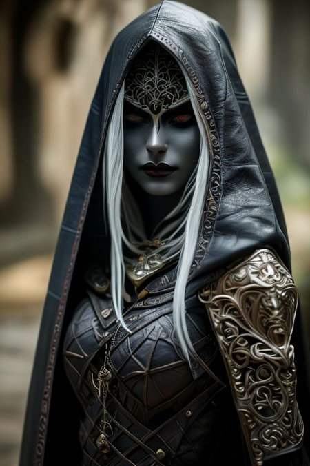 RAW photo, (masterpiece:1.3), subsurface scattering, heavy shadow, (high quality:1.4), (intricate, high detail:1.2), professional photography, HDR, High Dynamic Range, realistic, ultra realistic, photorealistic, high resolution, film photography, ambient lighting, atmospheric effects, <lora:detail_slider_v4:2>, OverallDetail, a female drow rogue, dark makeup, intricate leather armor, jewelry, cape, hood, <lora:Drow:0.8>, epiCPhoto
